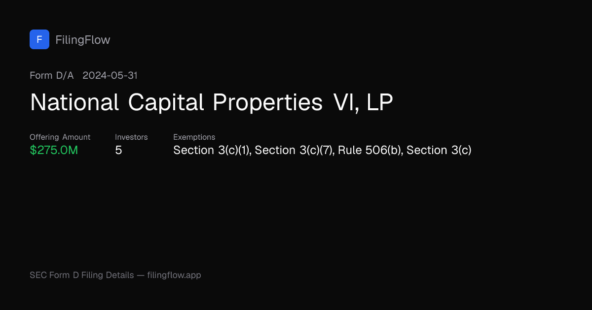 National Capital Properties VI, LP Form D Filing — $275,000,000 ...